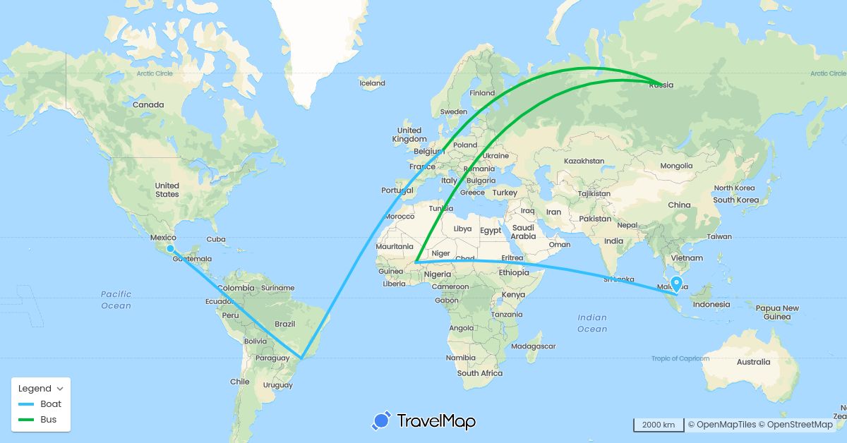 TravelMap itinerary: driving, bus, boat in Burkina Faso, Brazil, Germany, Mexico, Russia, Singapore (Africa, Asia, Europe, North America, South America)